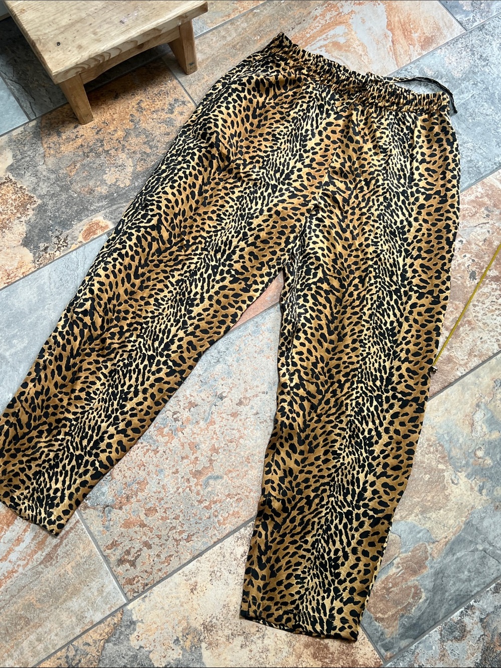 Silk Leopard Print Elastic Waist Track Pants - Black & Tan